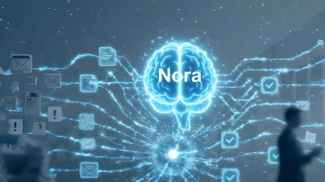 Ilustración original: Nora conecta documentos y marcas de comprobación.