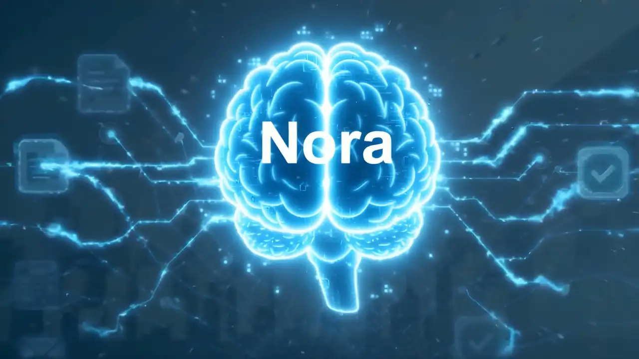 Ilustración original: Nora conecta el equipo con documentos y cuentas.