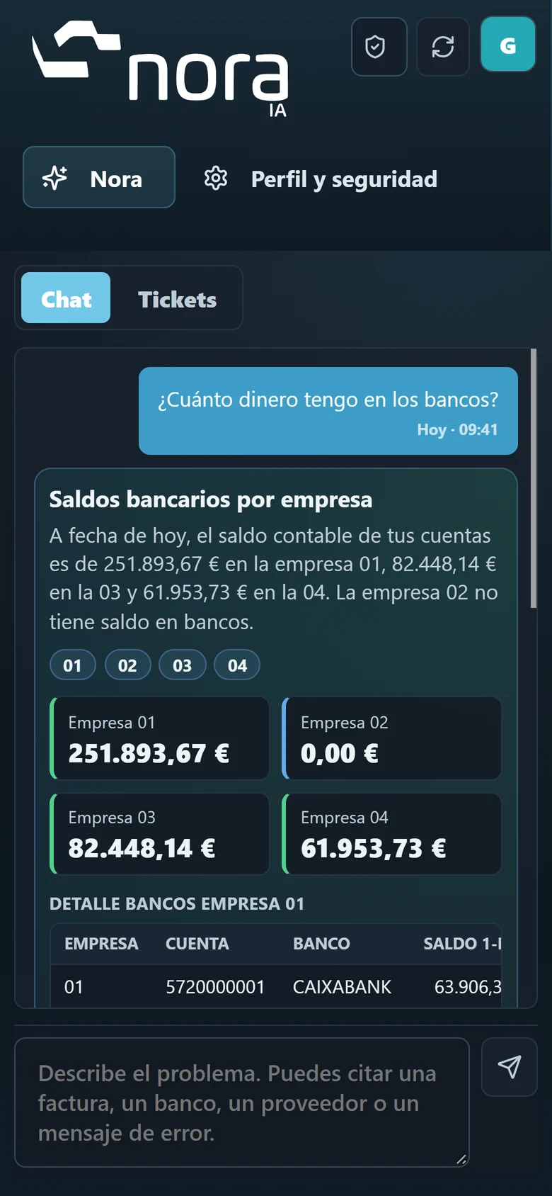 Resposta da Nora com o saldo de cada empresa e o detalhe das suas contas bancárias.