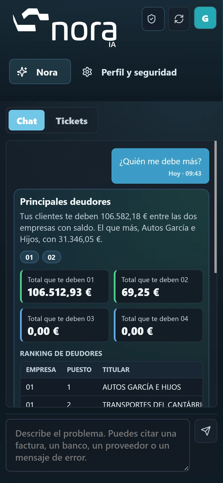 Resposta da Nora com o ranking dos clientes que mais devem.