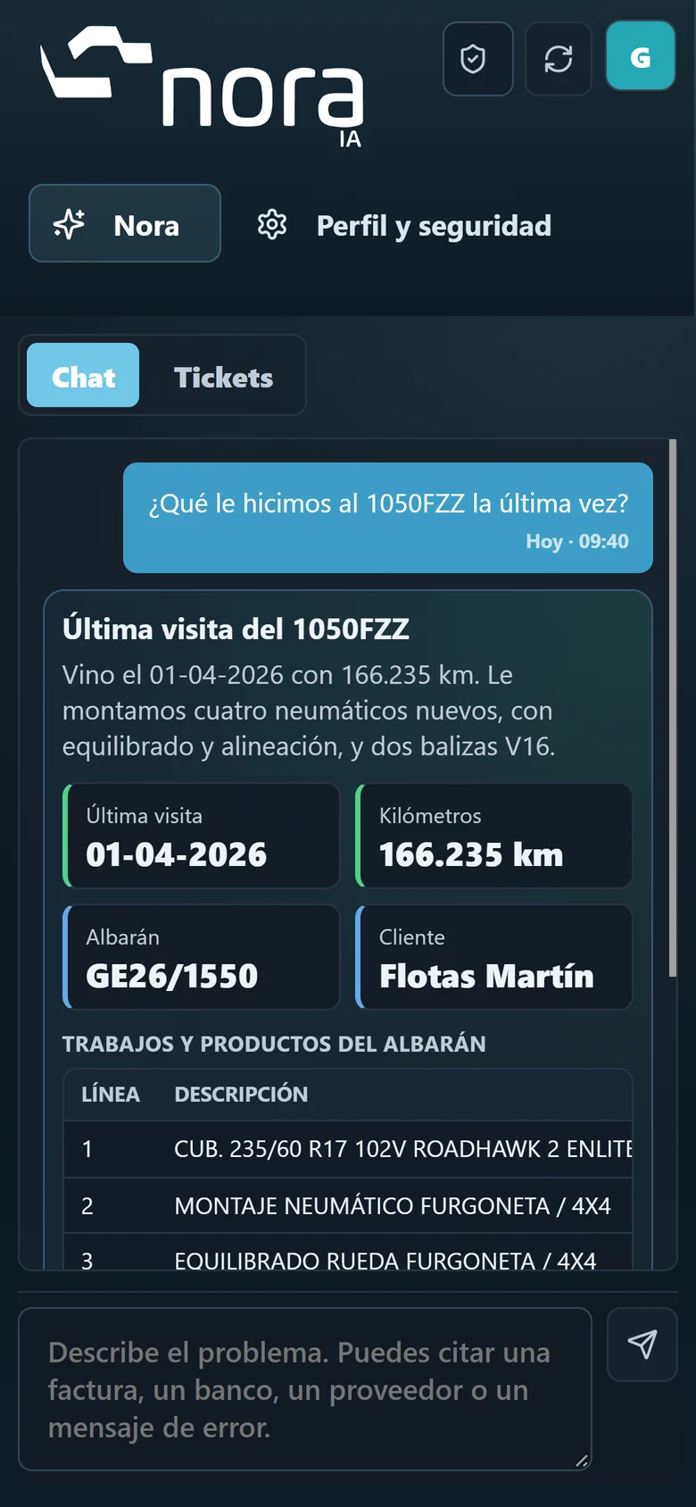 Resposta da Nora com a última visita do veículo, os quilómetros e as linhas da guia.