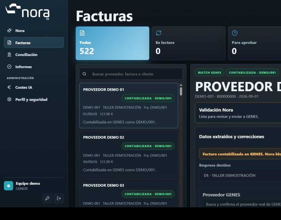 Nora: bandeja de facturas con un proveedor de demostración y una factura contabilizada en GENES. Datos ficticios.